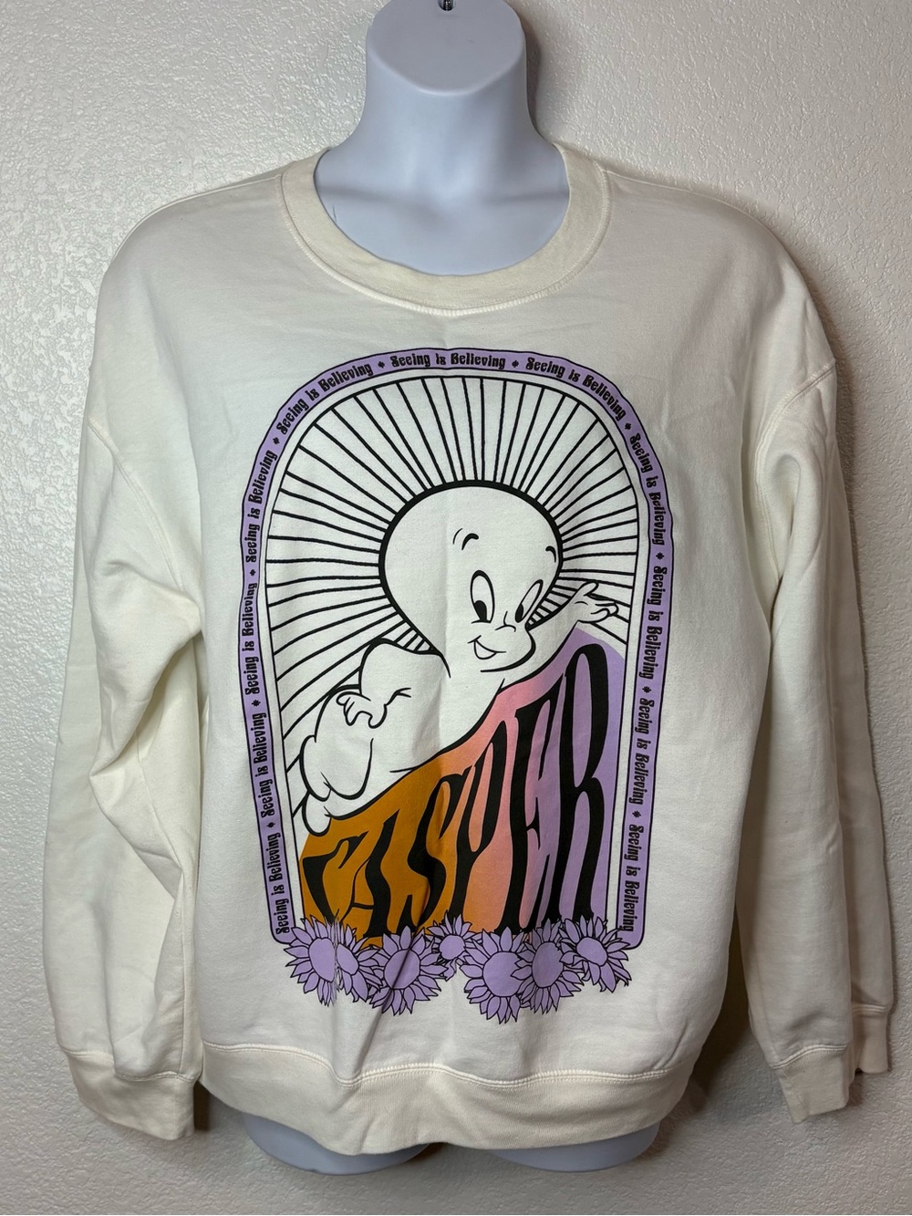 Crewneck Sweatshirt with Casper Graphic in Cream with Purple & Orange Accents